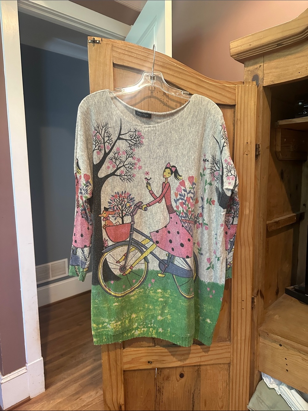 Whimsical Bicycle Print Crewneck Sweater - Pink & Green